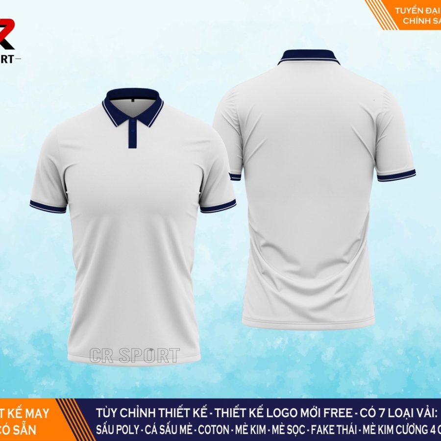 thời trang thể thao yêu cầu polo CR 2 trắng cổ full xanh dương đậm
