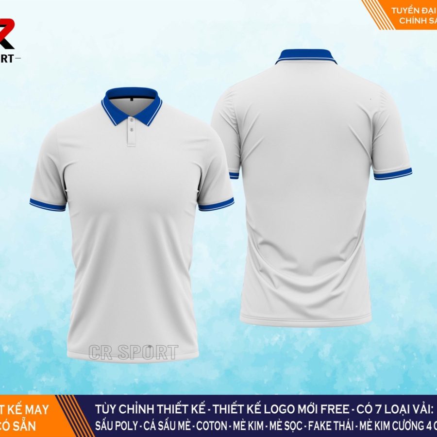 thời trang thể thao yêu cầu polo CR 2 trắng cổ xanh dương
